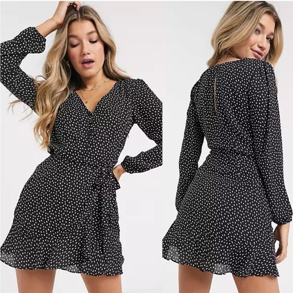 Abercrombie Fitch Womens Dress Size Small Black Wrap Dot Long Sleeve Ruffle Mini